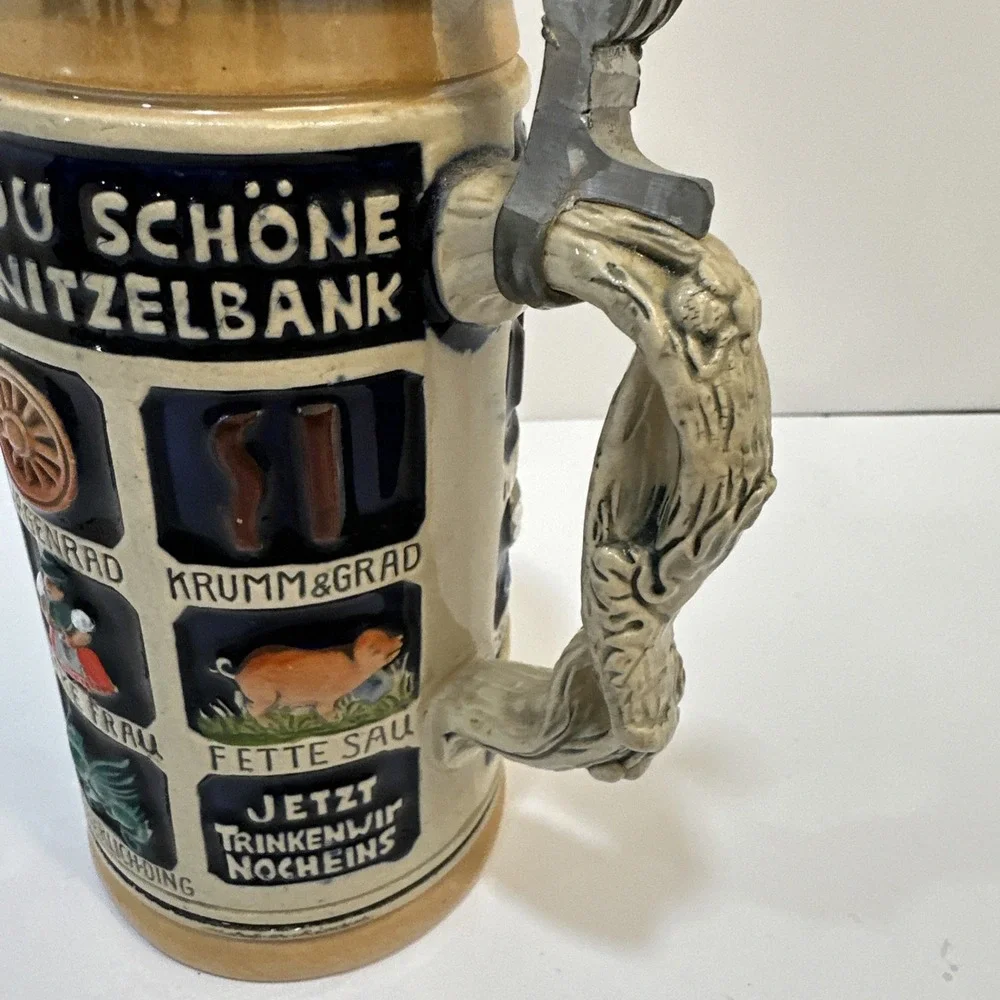 Vintage German Beer Stein Oh Du Schone Schnitzelbank Musterschutz Pewter Lid